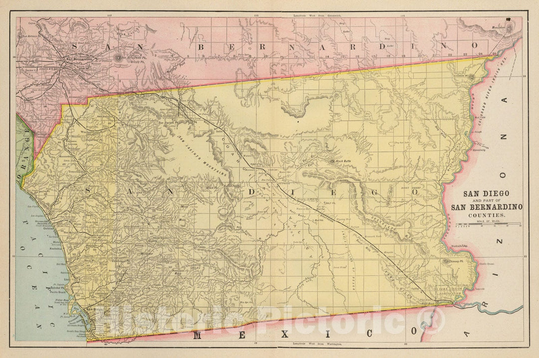 Historic Map - San Diego and Part of San Bernardino Counties, 1892, Rand McNally & Company - Vintage Wall Art