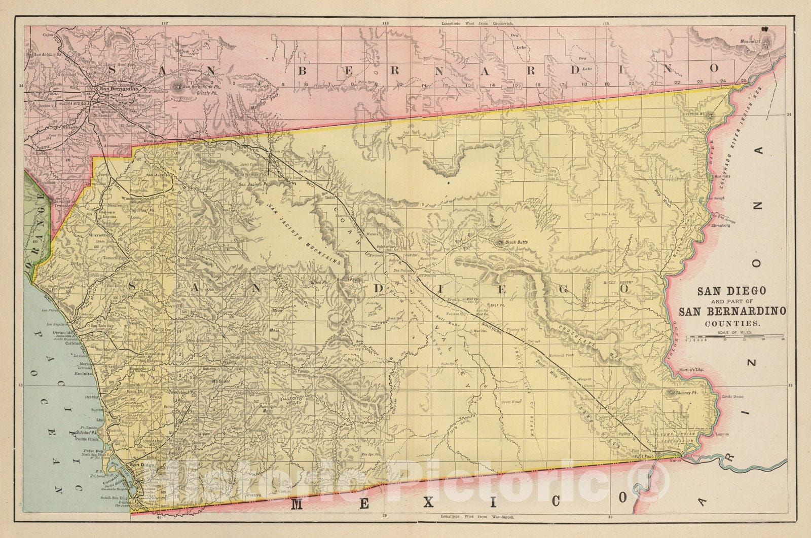 Historic Map - San Diego and Part of San Bernardino Counties, 1892, Rand McNally & Company - Vintage Wall Art