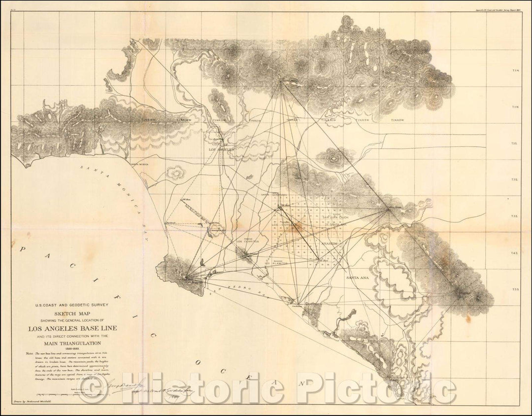 Historic Map - Sketch Map Showing The General Location of Los Angeles Base Line and its Direct Connection With the Main Triangulation 1888-1889, 1889 - Vintage Wall Art