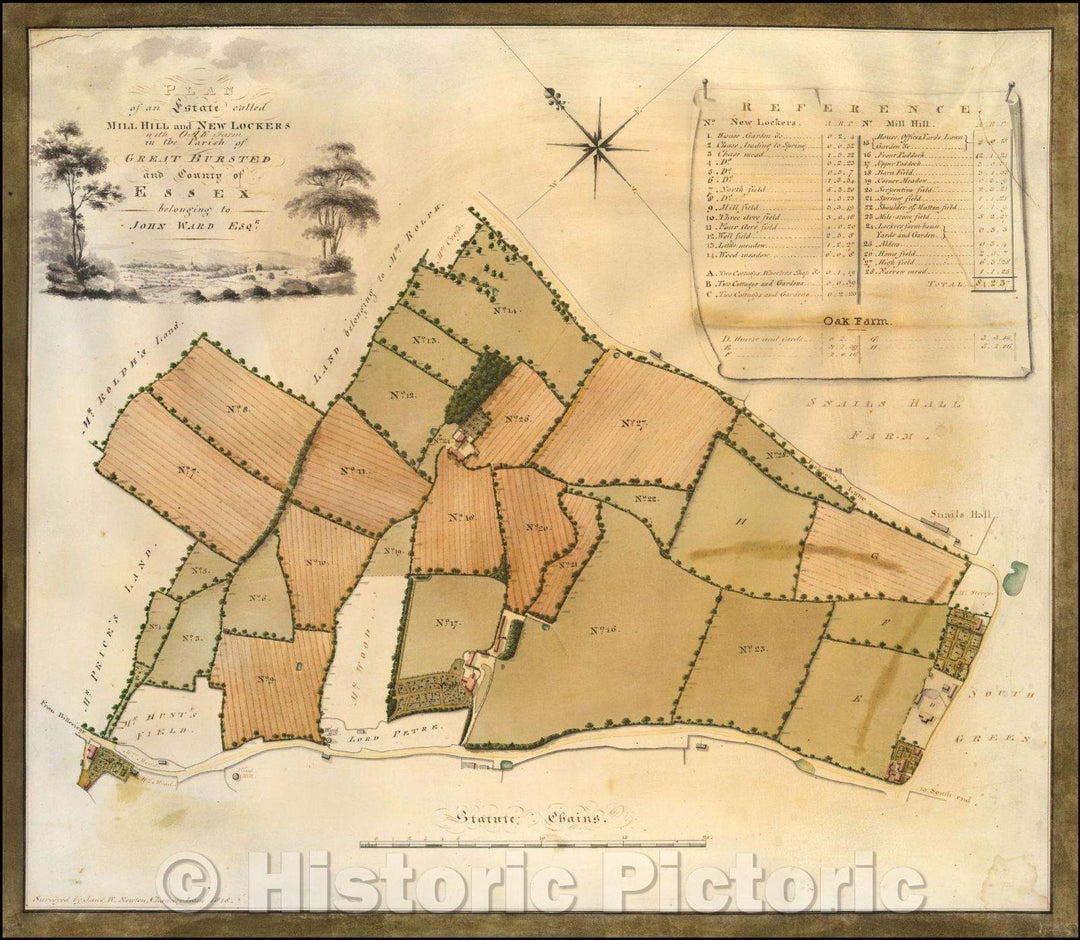 Historic Map - Plan of an Estate called Mill Hill and New Lockers with Oak Farm in the Parish of Great Bursted and County of Essex, 1818 - Vintage Wall Art