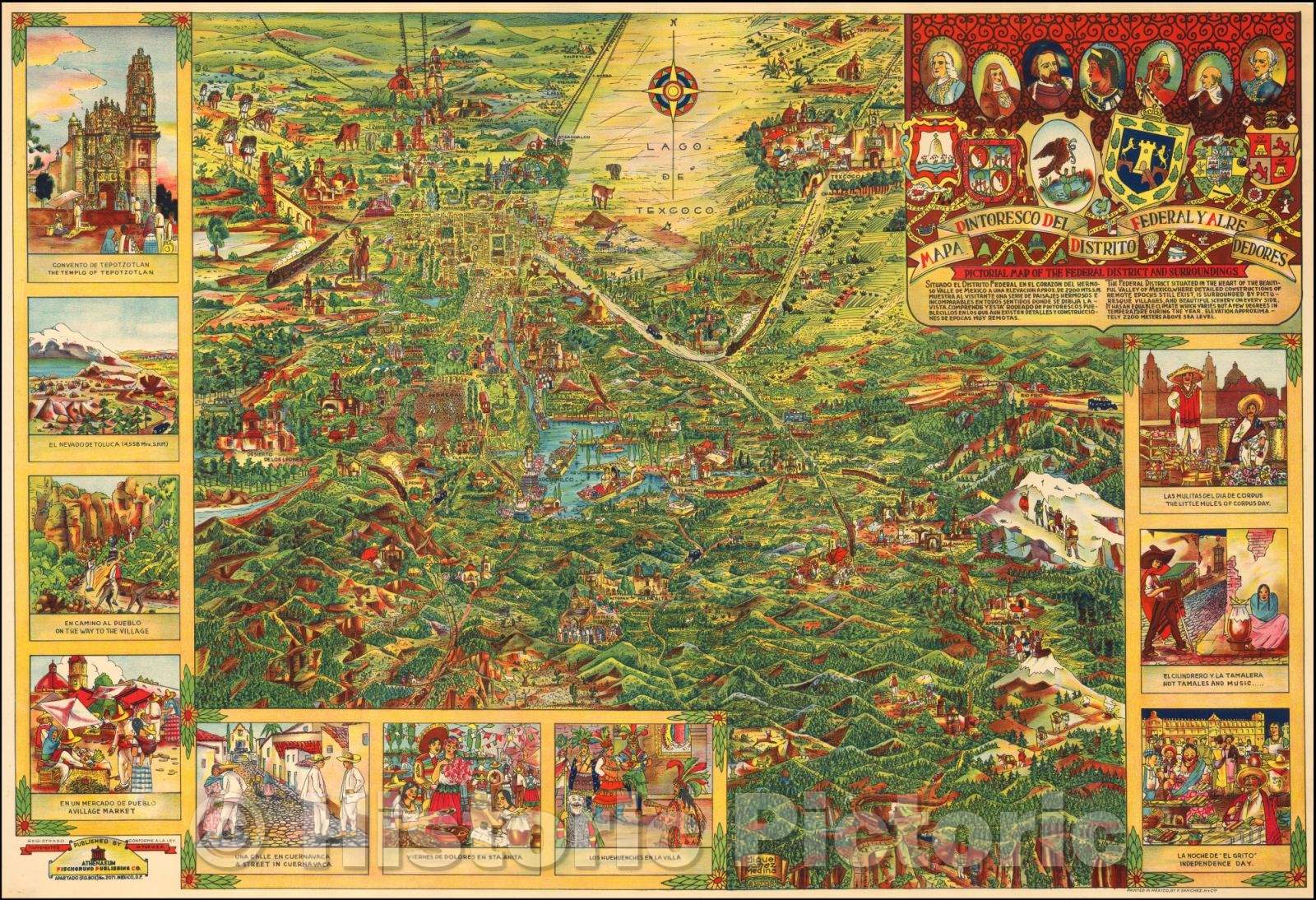 Historic Map - Mapa Pintoresco Del Distrito Federal y Alrededores/Pictorial Map of Mexico City by Miguel Gomes Medina, 1935, Miguel G?ez Medina - Vintage Wall Art