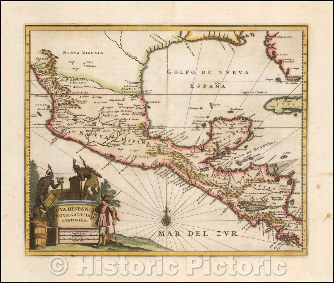 Historic Map - Nova Hispania Nova Galicia Guatimala [with part of Florida and Cuba], 1671, John Ogilby - Vintage Wall Art