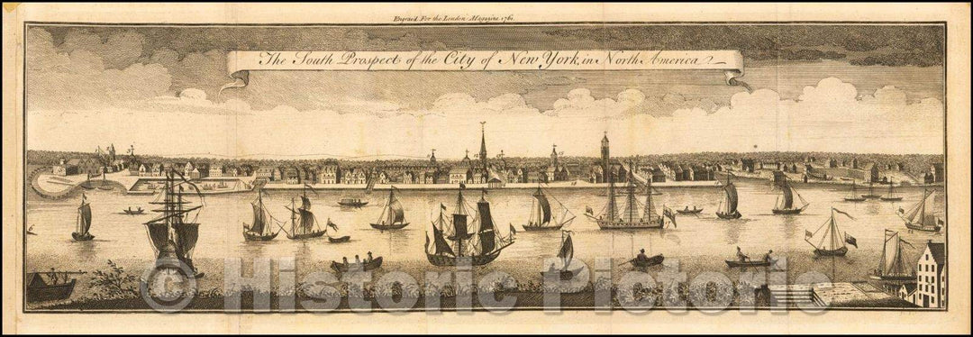 Historic Map - The South Prospect of the City of New York, in North America, 1761, London Magazine - Vintage Wall Art