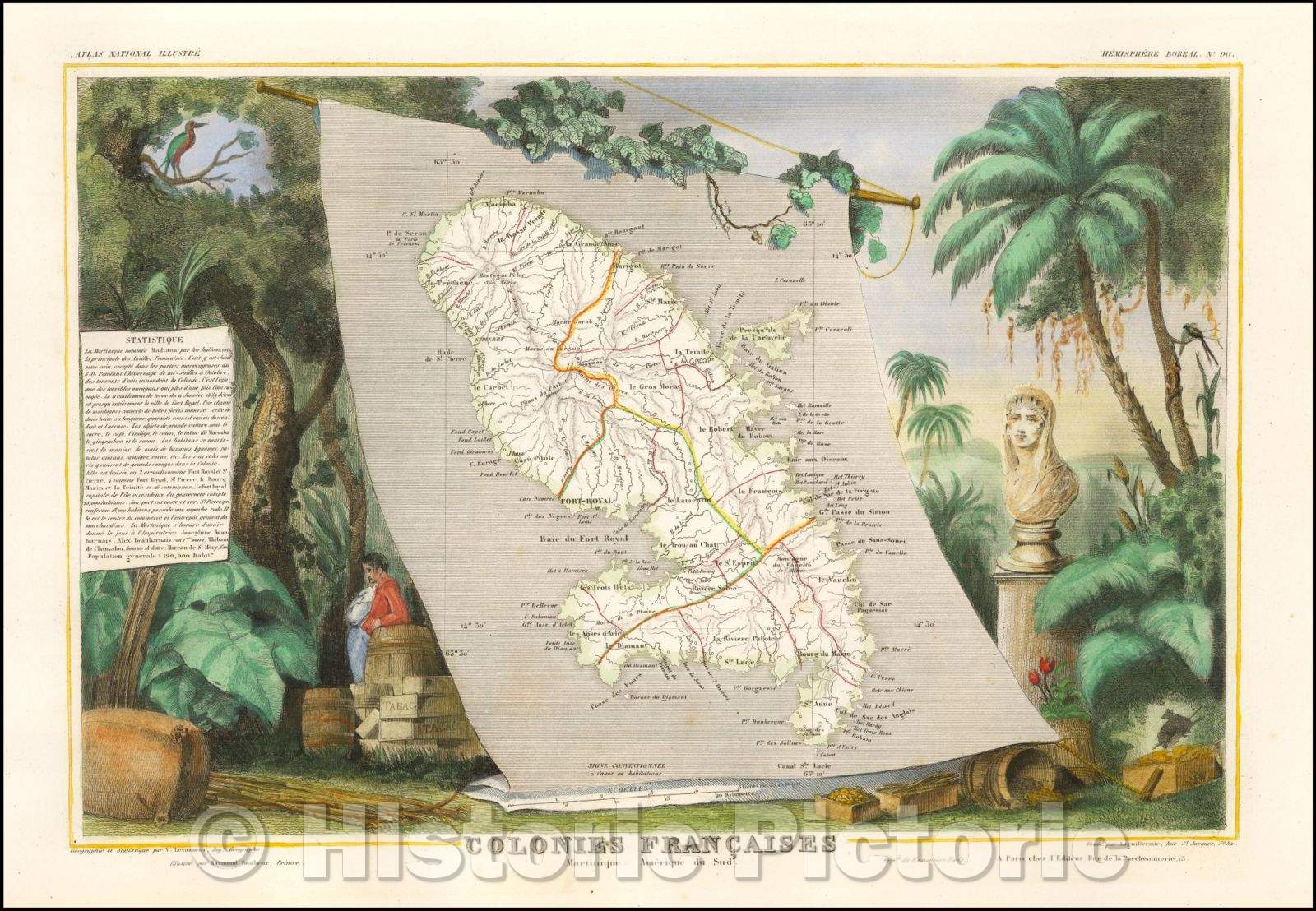 Historic Map - (Martinque) Colonies Francaises/Map of the island Martinique, 1849, Victor Levasseur - Vintage Wall Art