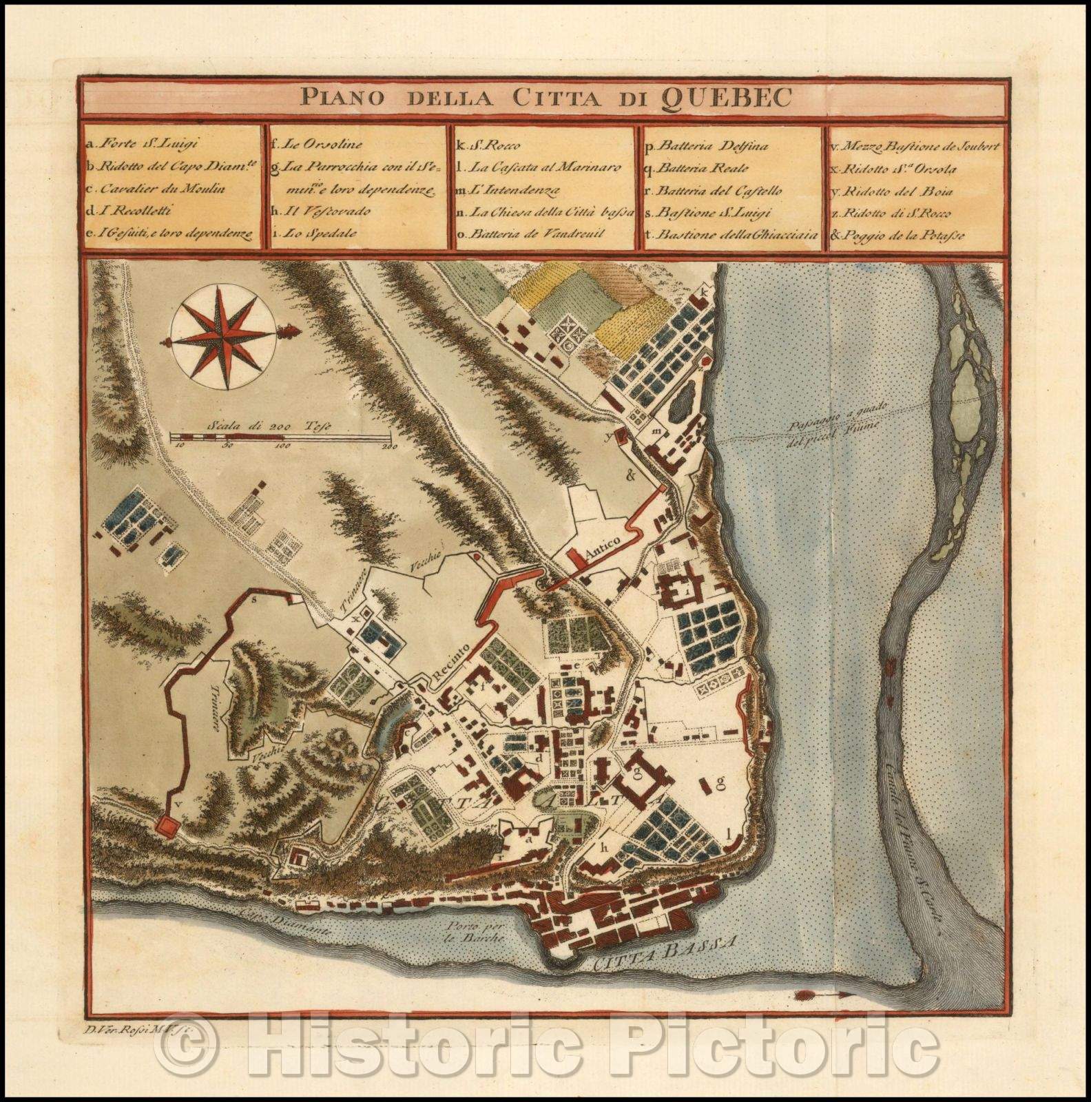 Historic Map - Piano della Citta di Quebec/of the Quebec City Plan, 1763, Marco Coltellini - Vintage Wall Art