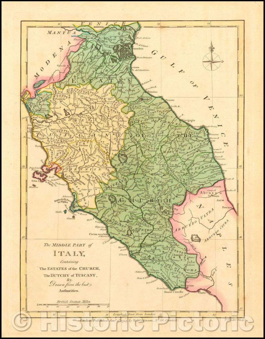 Historic Map - The Middle Part of Italy, Containing The Estates of the Church, The Dutchy of Tuscany, 1794, Robert Wilkinson - Vintage Wall Art