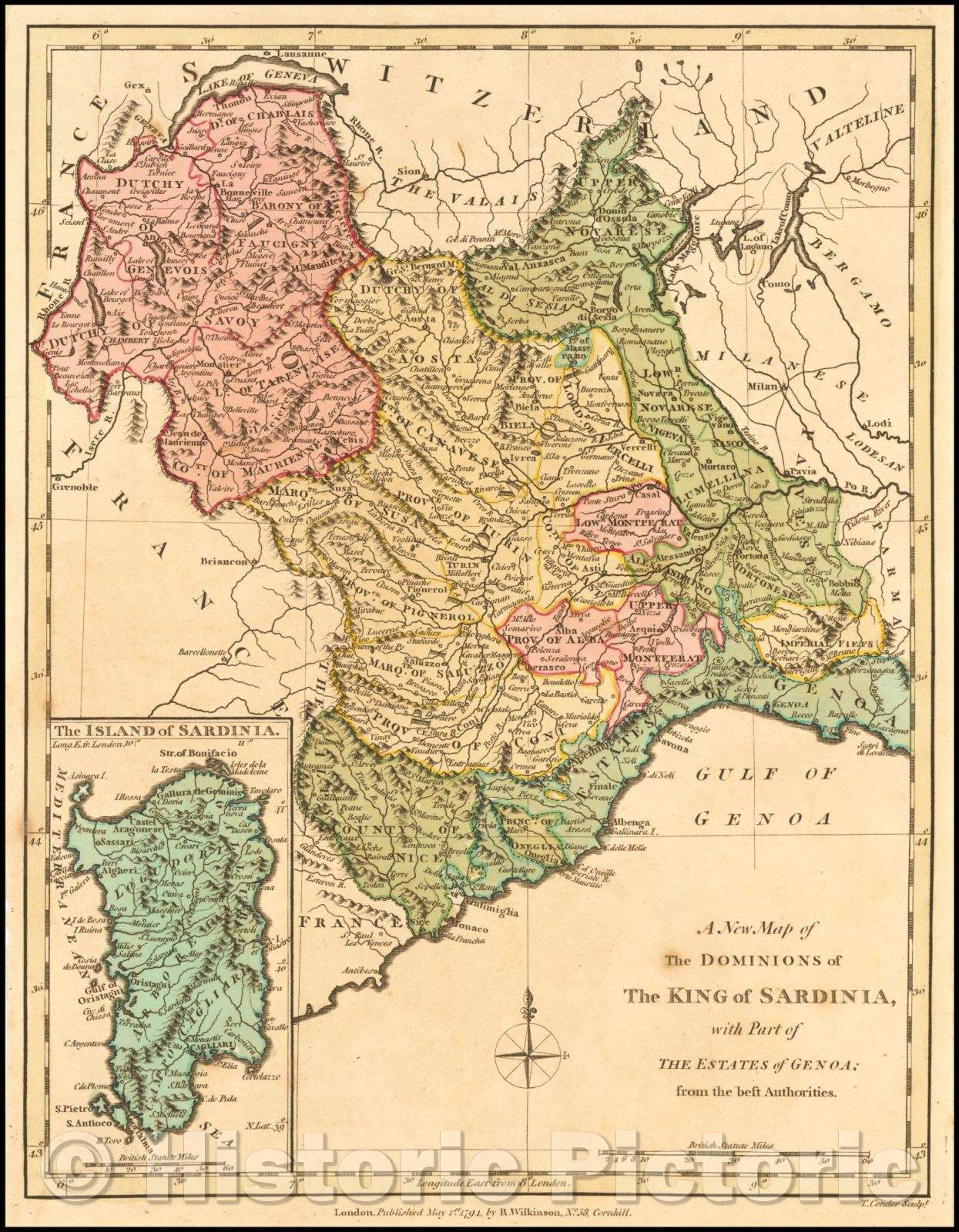 Historic Map - The Dominons of The King of Sardinia with Part of The Estates of Genoa; from the Best Authorities, 1794, Robert Wilkinson - Vintage Wall Art