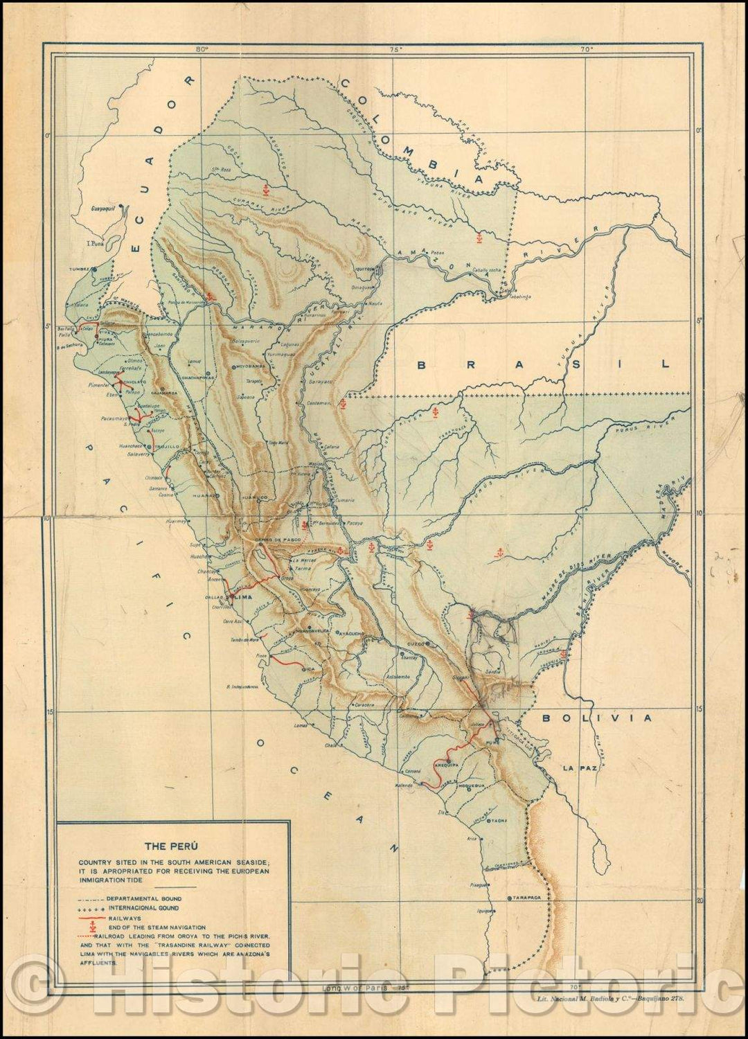 Historic Map - The Peru Country Sited in the South American Seaside; It is Appropriated For Receiving The European Immigration Tide, 1903 - Vintage Wall Art