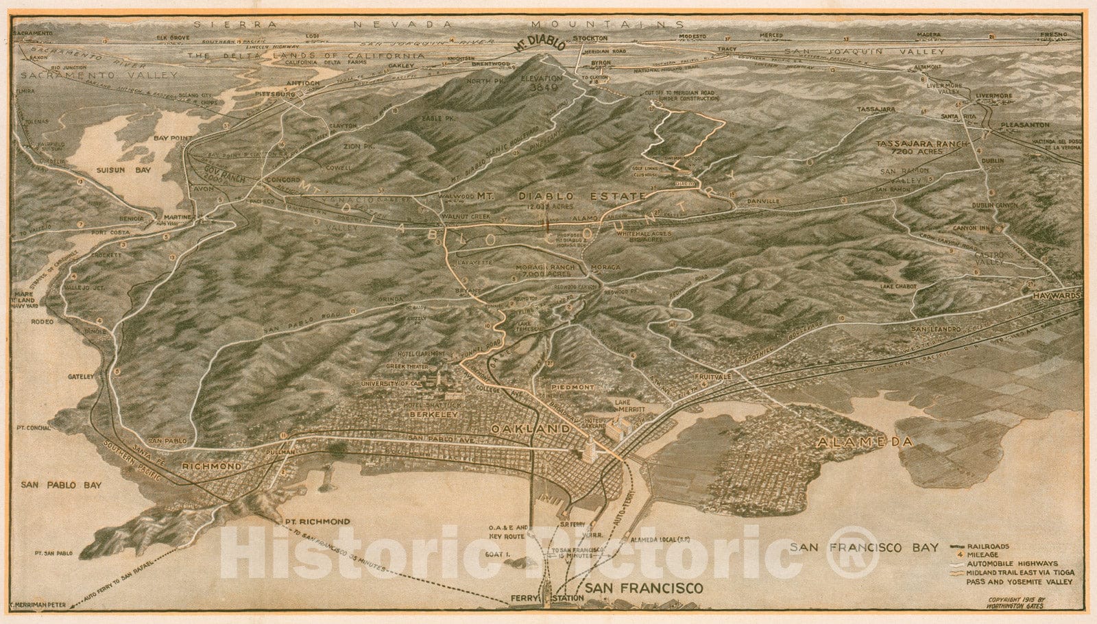 Historic Map - Mount Diablo, East Bay, Sacramento Delta and San Joaquin Valley, 1915, Worthington Gates - Vintage Wall Art