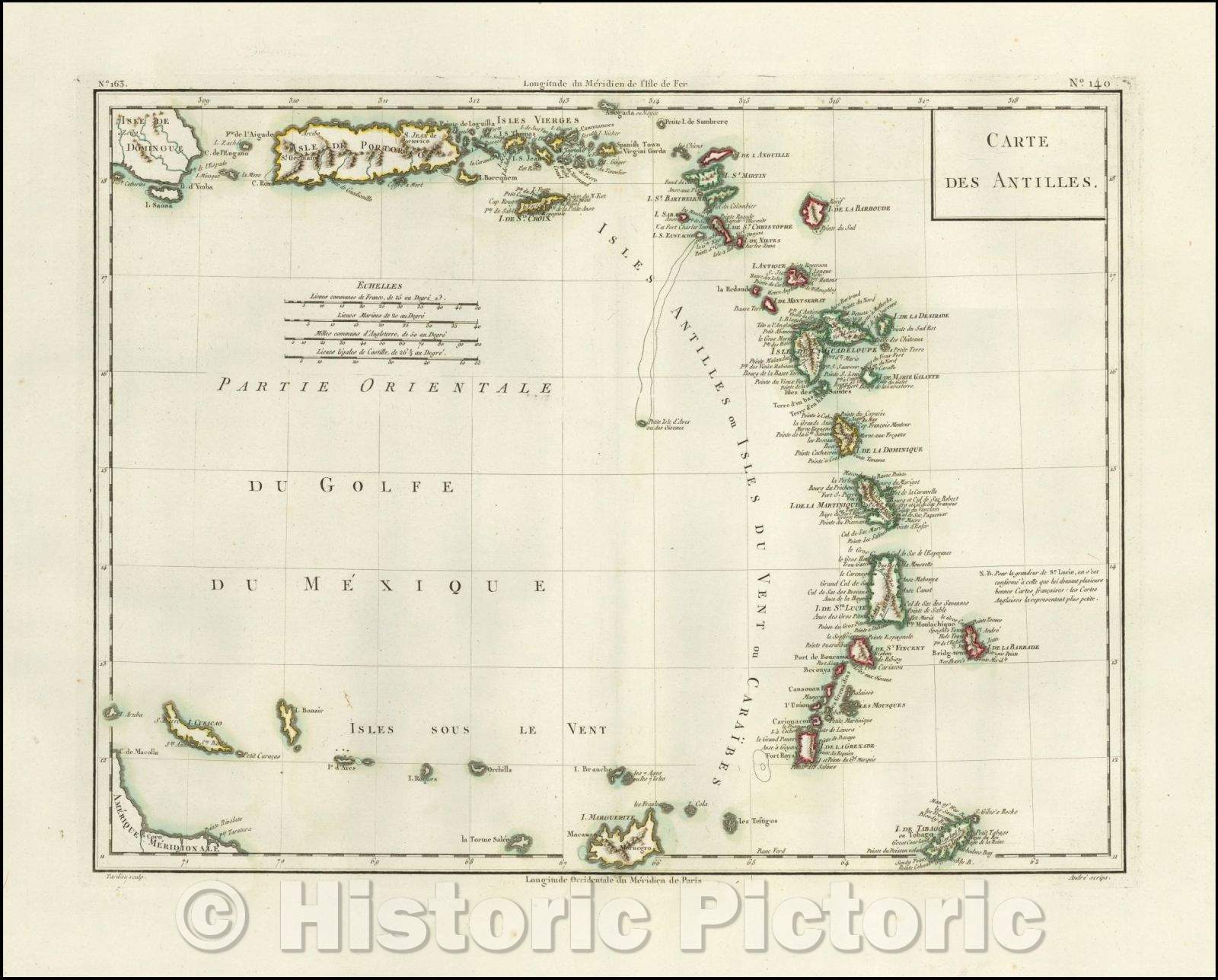 Historic Map - Carte Des Antilles [Puerto Rico and the Virgin Islands to Curacao, Bonair and Aruba], 1785, Pierre Antoine Tardieu - Vintage Wall Art