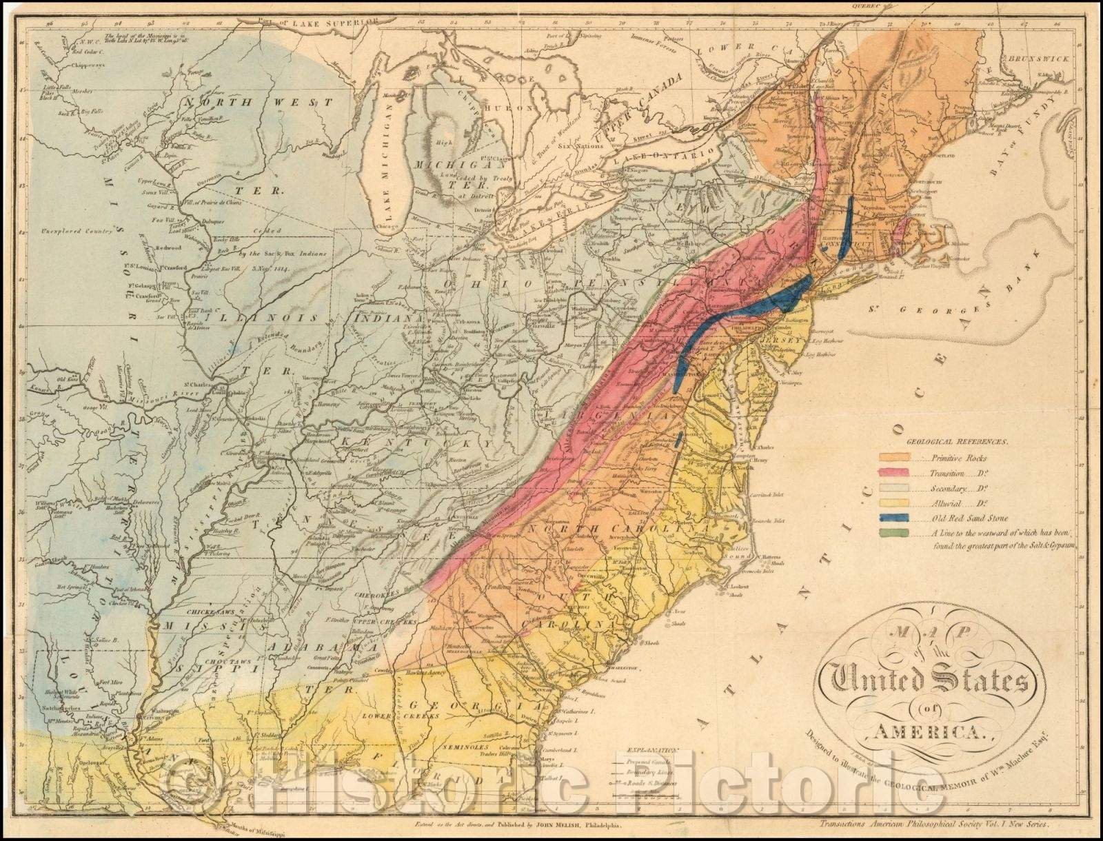 Historic Map - Map of the United States of America. Designed to illustrate the Geological Memoir of Wm. Maclure Esq, 1817, John Melish - Vintage Wall Art