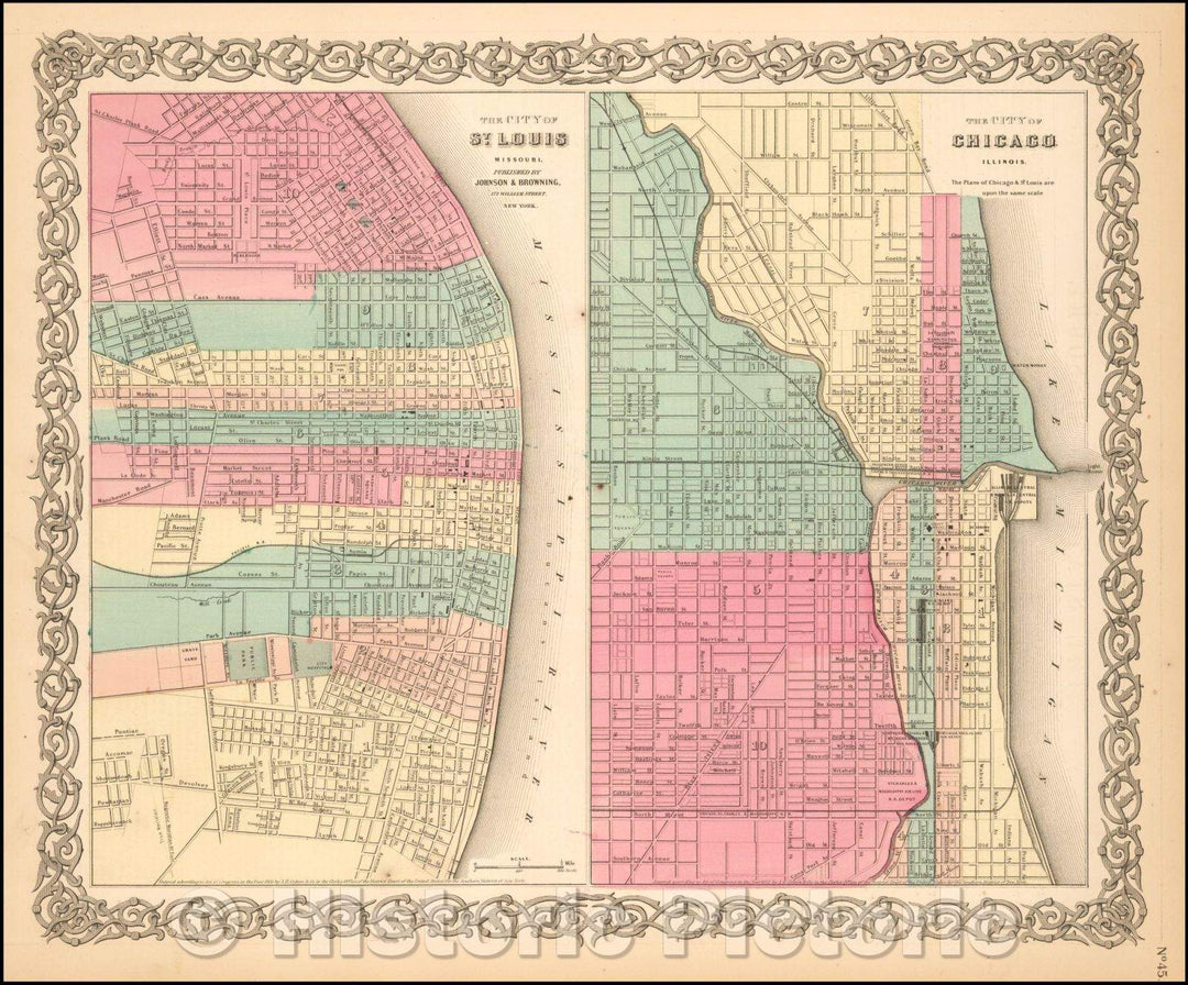 Historic Map - The City of St. Louis [with] The City of Chicago, 1860, Joseph Hutchins Colton - Vintage Wall Art