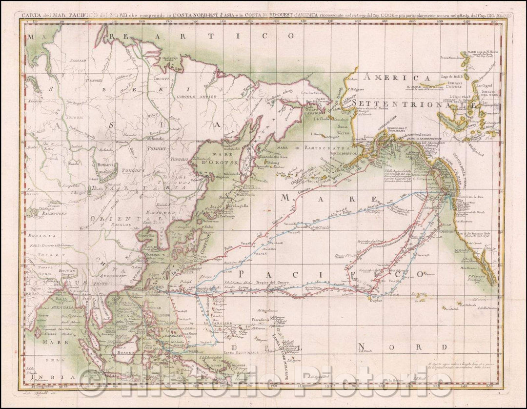 Historic Map - Carta Del Mar Pacifico Del Nord che comprende la Costanord-Est D'Asia/Italian published Map of Alaska and the NW Coast of America, 1796 - Vintage Wall Art