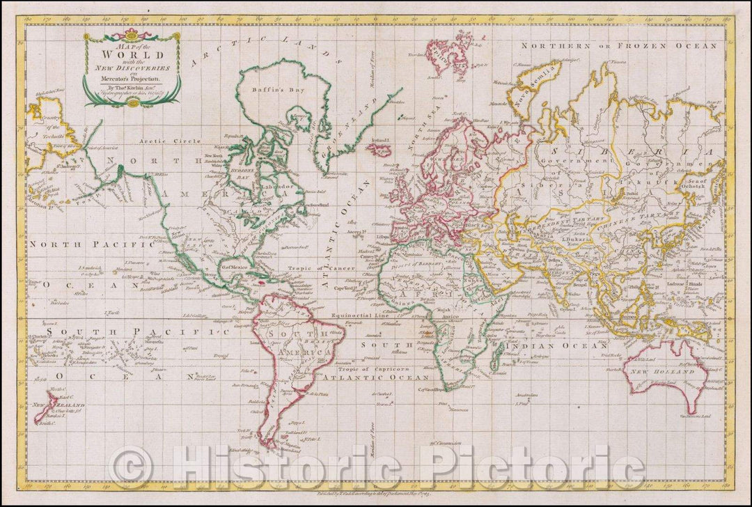 Historic Map - Map of the World with the New Discoveries on Mercator's Projection, 1783, Thomas Kitchin - Vintage Wall Art