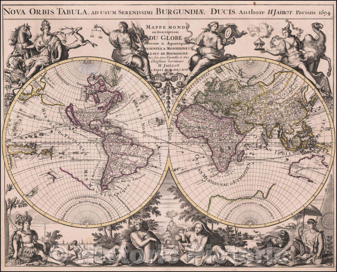 Historic Map - Nova Orbis Tabula/Orbis Tabula Nova. / World Map and Description From Globe & Water. MDCXCIV, 1694, Alexis-Hubert Jaillot - Vintage Wall Art