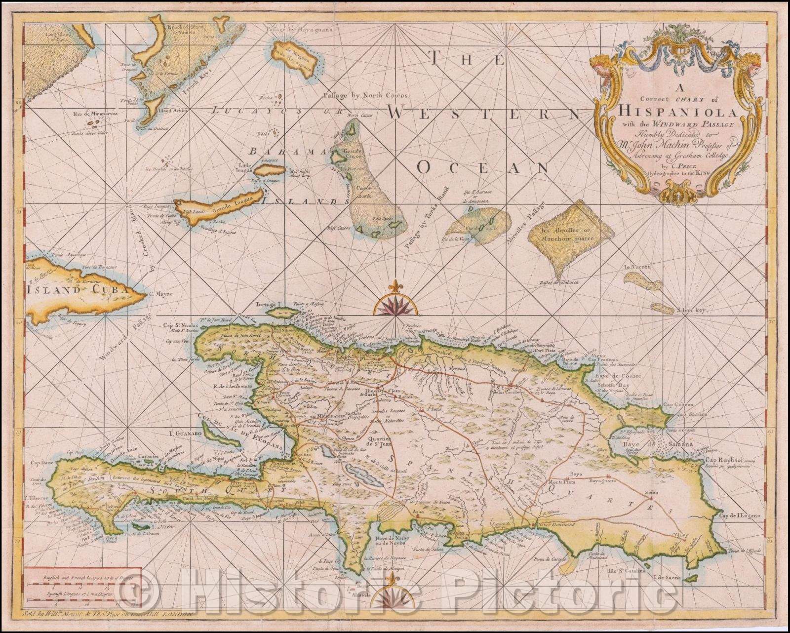 Historic Map - A Correct Chart of Hispaniola with the Windward Pasage, 1730, Charles Price - Vintage Wall Art