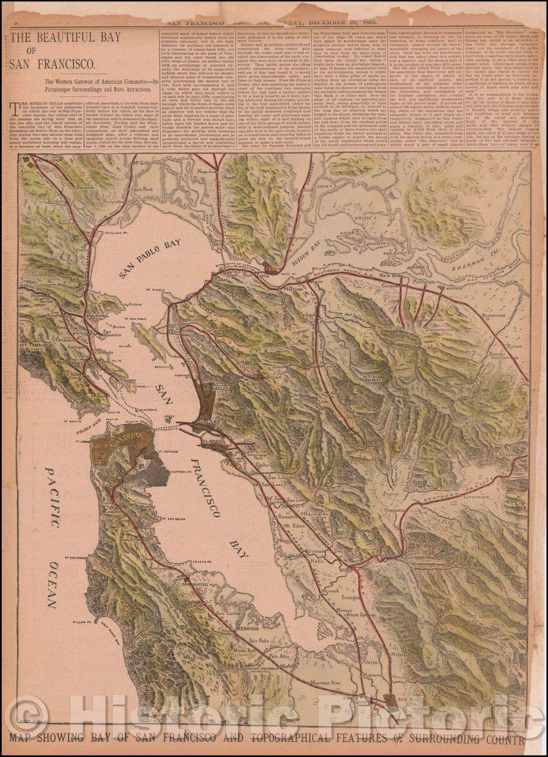 Historic Map - Map Showing Bay of San Francisco and Topographical Features of Surrounding Country, 1893, Leon Boillot - Vintage Wall Art