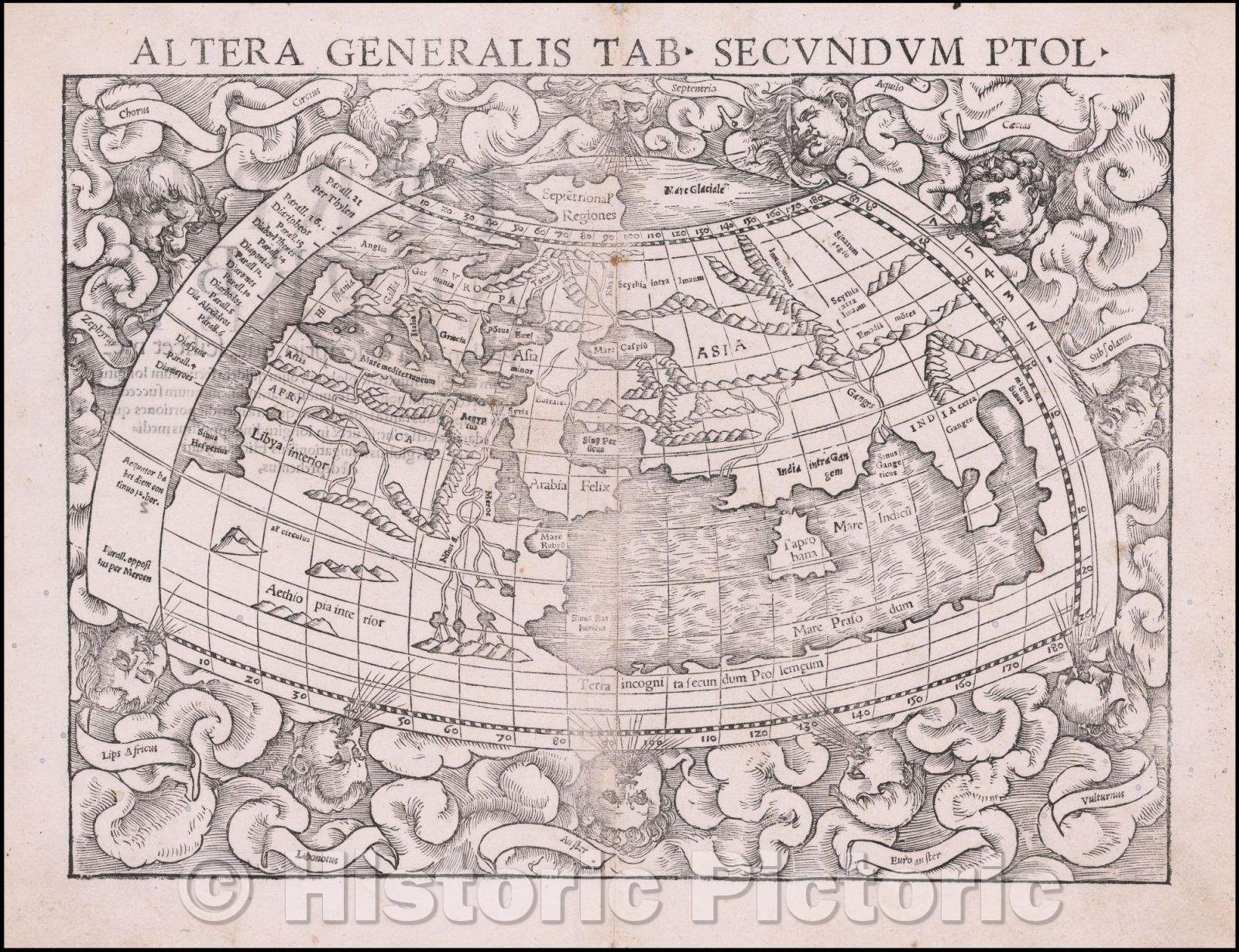 Historic Map - Altera Generalis Tab Secundum Ptol/Munster's Map of the World, based upon the writings of Ptolemy, 1550, Sebastian M?nster - Vintage Wall Art