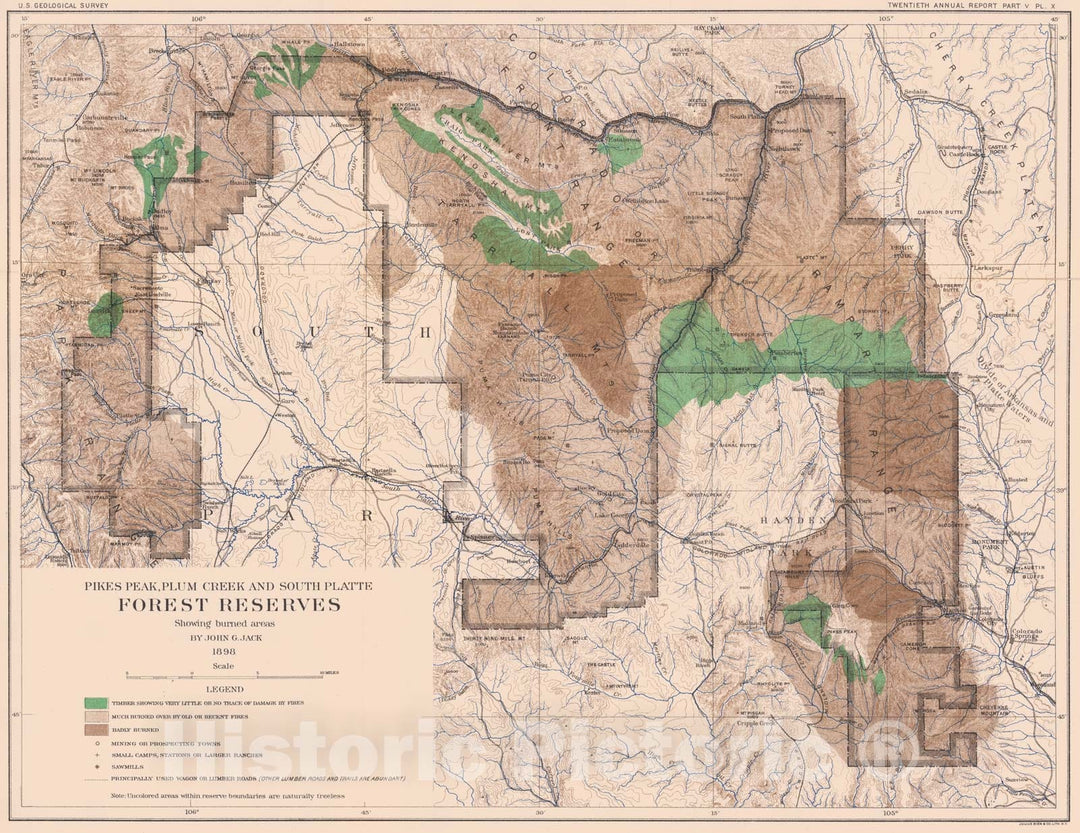 Historic Map - Pikes Peak, Plum Creek and South Platte Forest Reserves Showing burned areas, 1898, U.S. Geological Survey v1