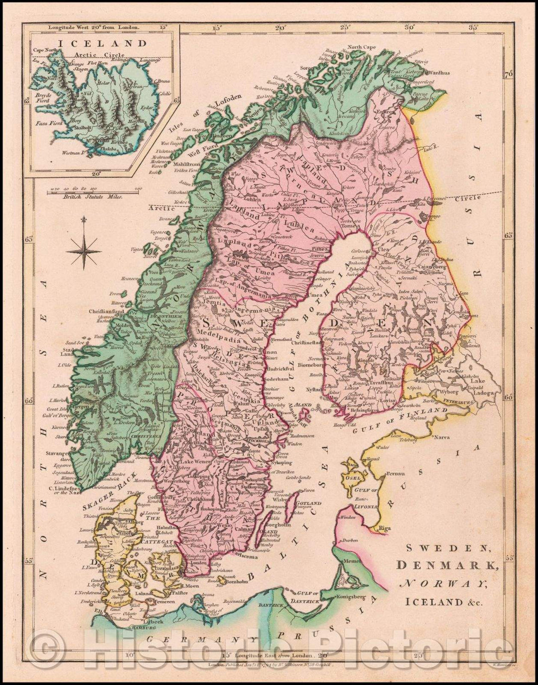 Historic Map - Sweden, Denmark, Norway, Iceland & c. [Inset map of Iceland], 1794, Robert Wilkinson - Vintage Wall Art