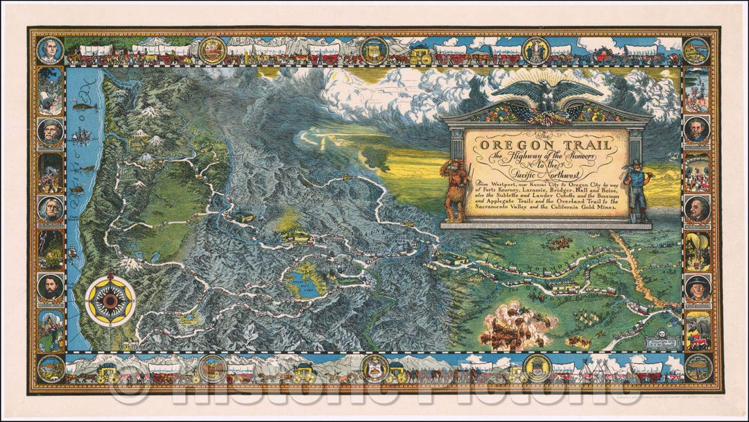 Historic Map - The Oregon Trail The Highway of the Pioneers to the Pacific Northwest From Westport, now Kansas City to Oregon City, 1932 - Vintage Wall Art