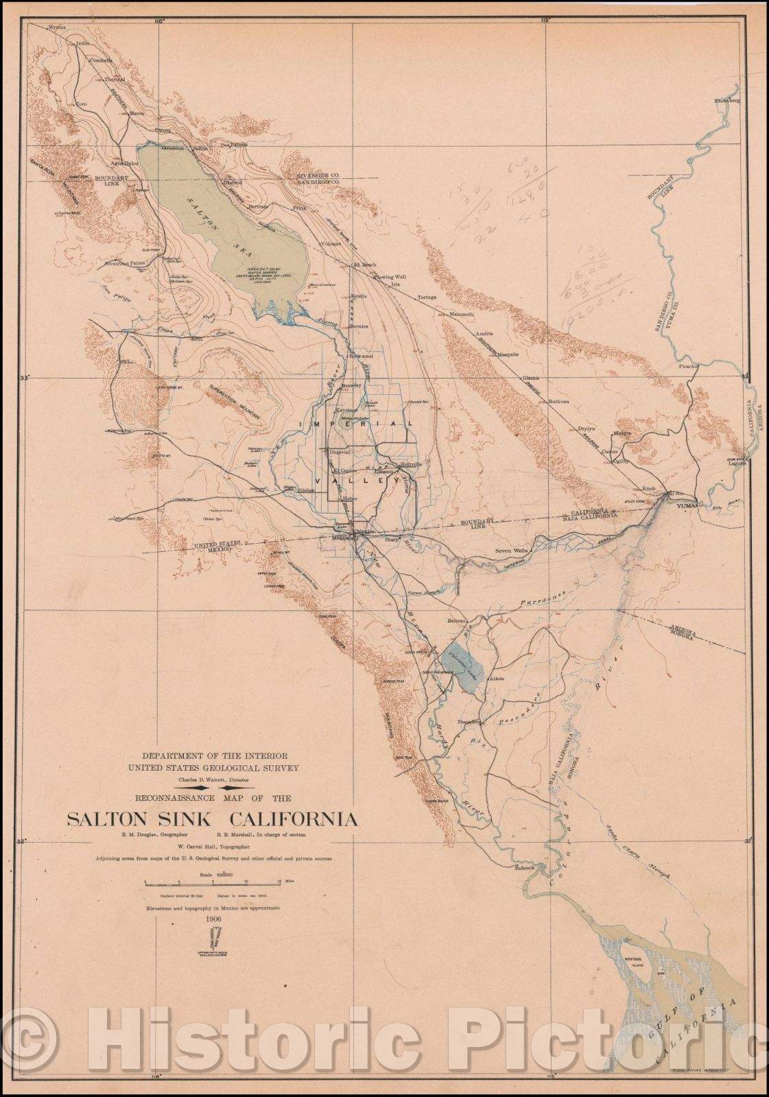 Historic Map - Reconnaissance Map of the Salton Sink California, 1906, U.S. Geological Survey - Vintage Wall Art