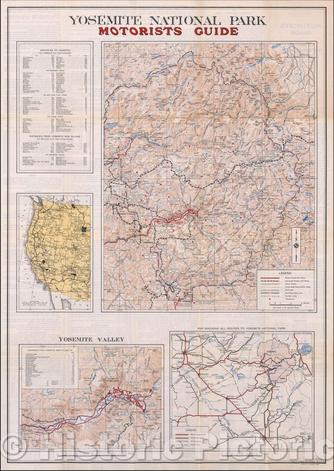 Historic Map - Yosemite National Park Motorists Guide, 1934, U.S. Geological Survey - Vintage Wall Art