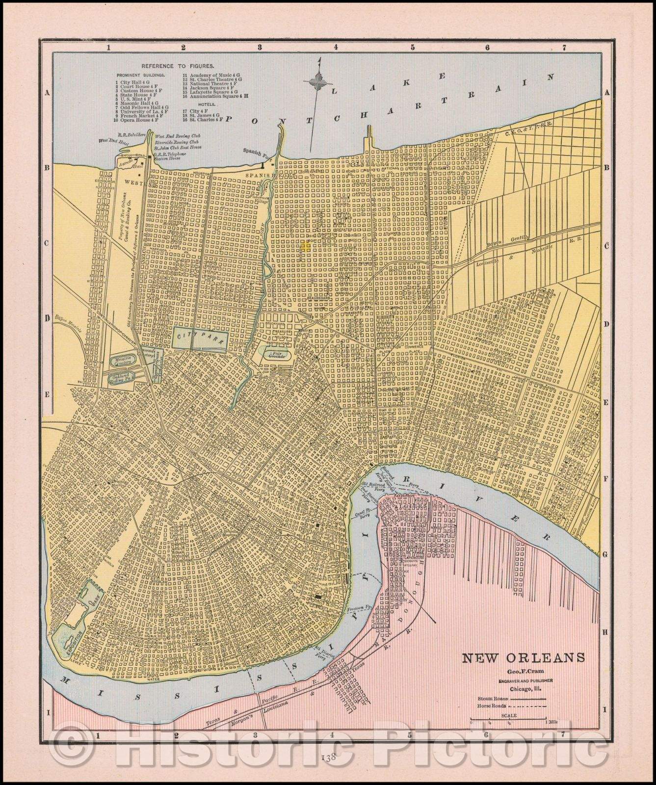 Historic Map - New Orleans, 1892, George F. Cram - Vintage Wall Art