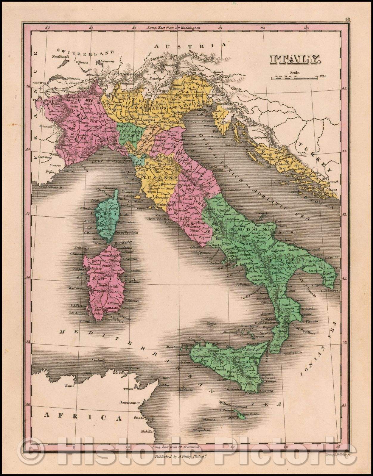 Historic Map - Italy [shows Corsica, Sardinia, Sicily and Malta], 1826, Anthony Finley - Vintage Wall Art