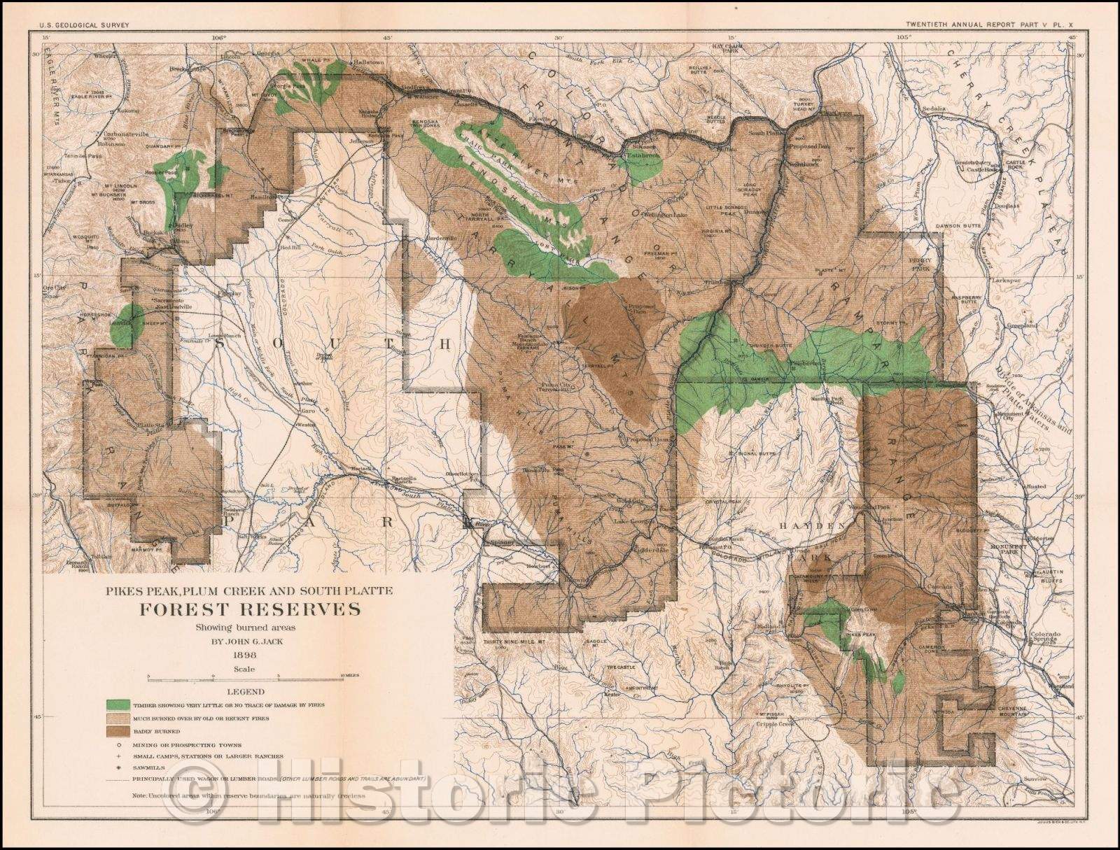 Historic Map - Pikes Peak, Plum Creek and South Platte Forest Reserves Showing burned areas, 1898, U.S. Geological Survey v2