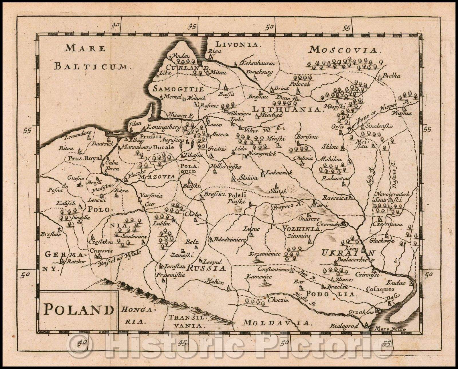 Historic Map - Poland, 1681, Sir Jonas Moore - Vintage Wall Art