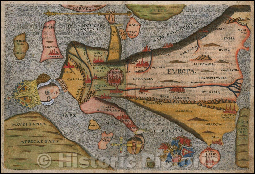 Historic Map - Europe in the Shape of a Queen, 1581, Heinrich Bunting - Vintage Wall Art