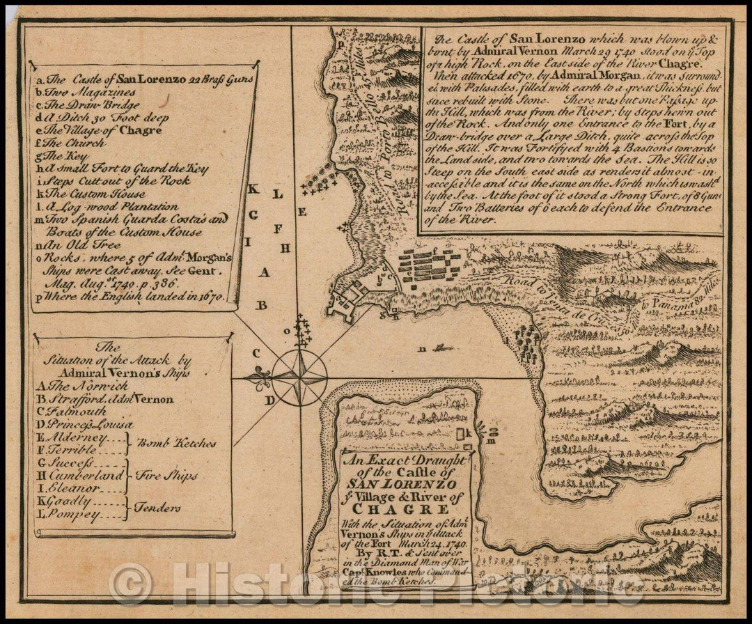 Historic Map - An Exact Draught of the Castle of San Lorenzo ye Village and River of Chagre, 1740 - Vintage Wall Art