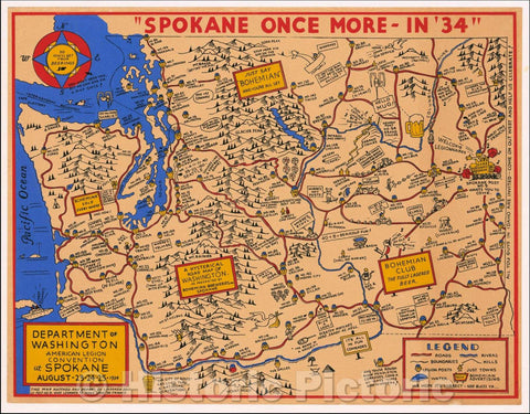 Historic Map - Spokane Once More in '34 - A Hysterical Road Map of the State of Washington As Presented, 1934, Lindgren Brothers - Vintage Wall Art