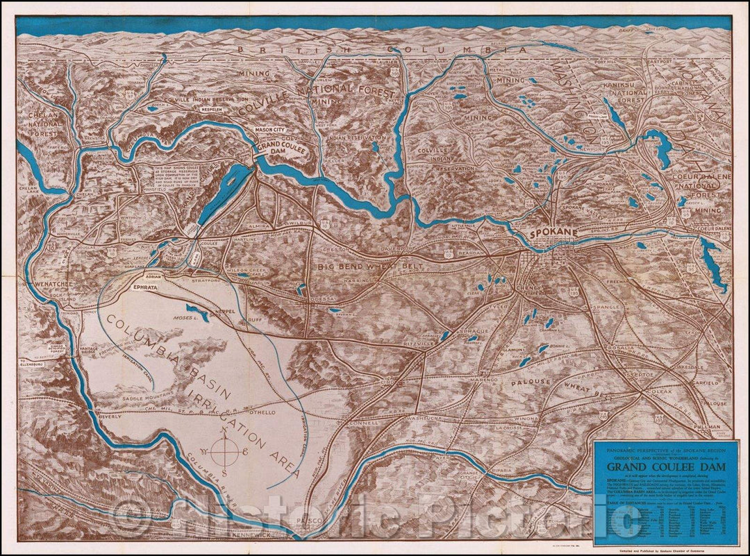 Historic Map - Panoramic Perspective of the Spokane Region including the Geological and Scenic Wonderland Embracing the Columbia Basin Irrigation Project, 1935 - Vintage Wall Art