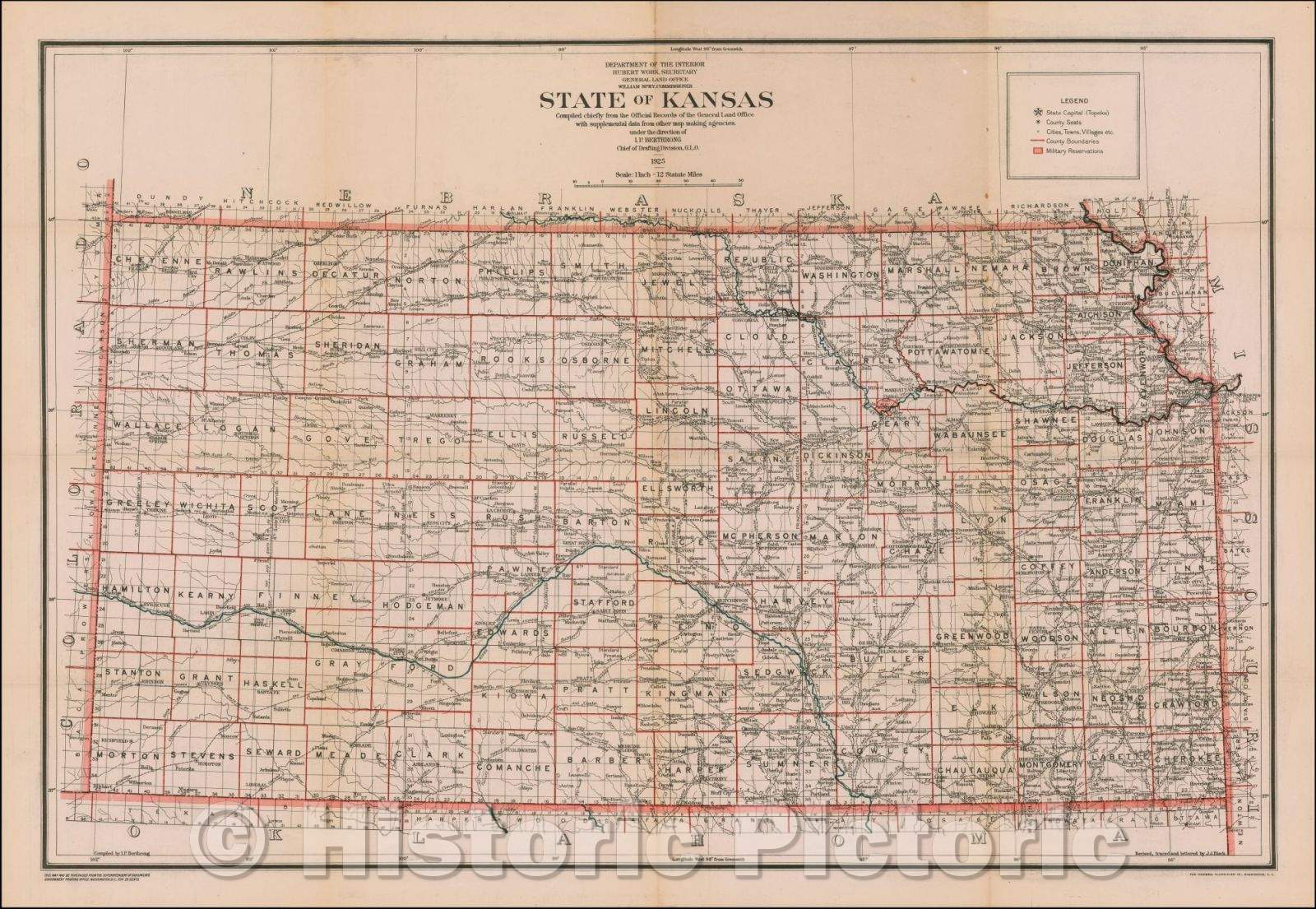Historic Map - State of Kansas, 1885, U.S. General Land Office - Vintage Wall Art