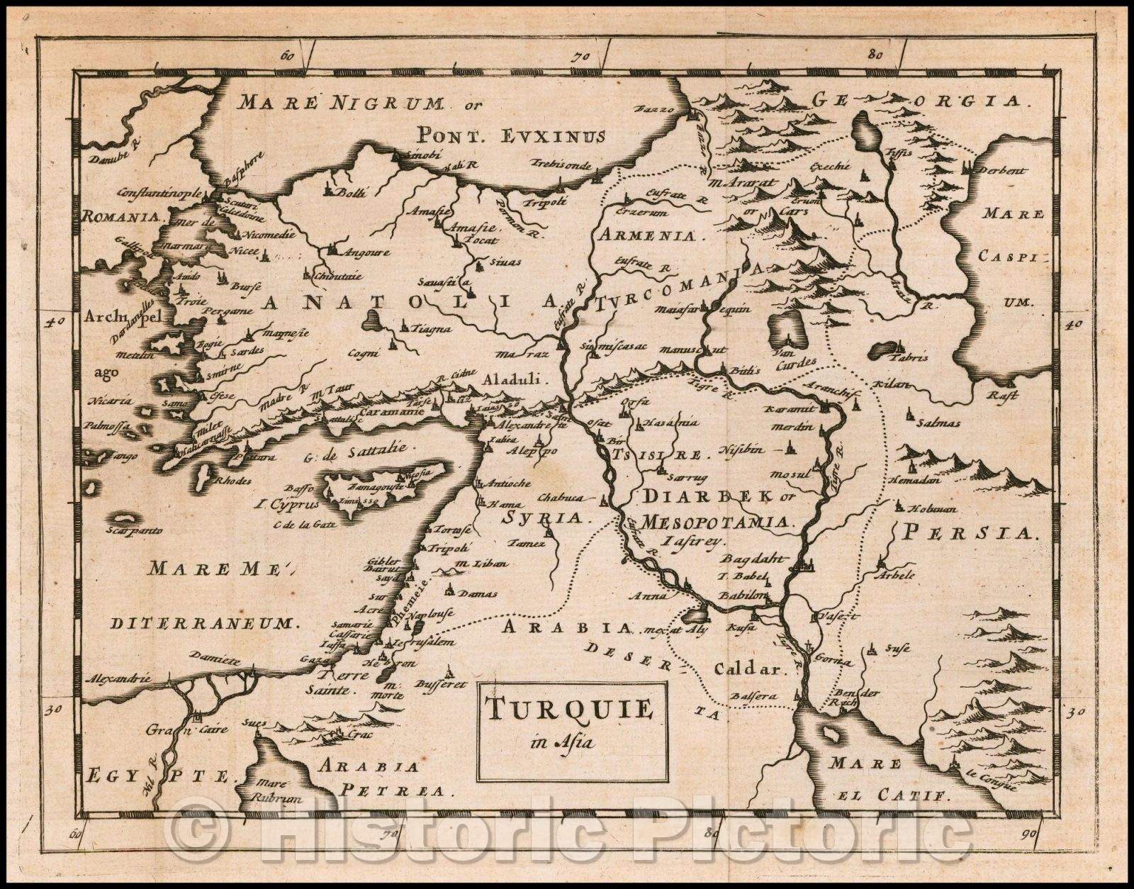 Historic Map - Turquie in Asia/Map of Asia Minor and environs, published by Sir Jonas Moore in London, 1681, Sir Jonas Moore - Vintage Wall Art