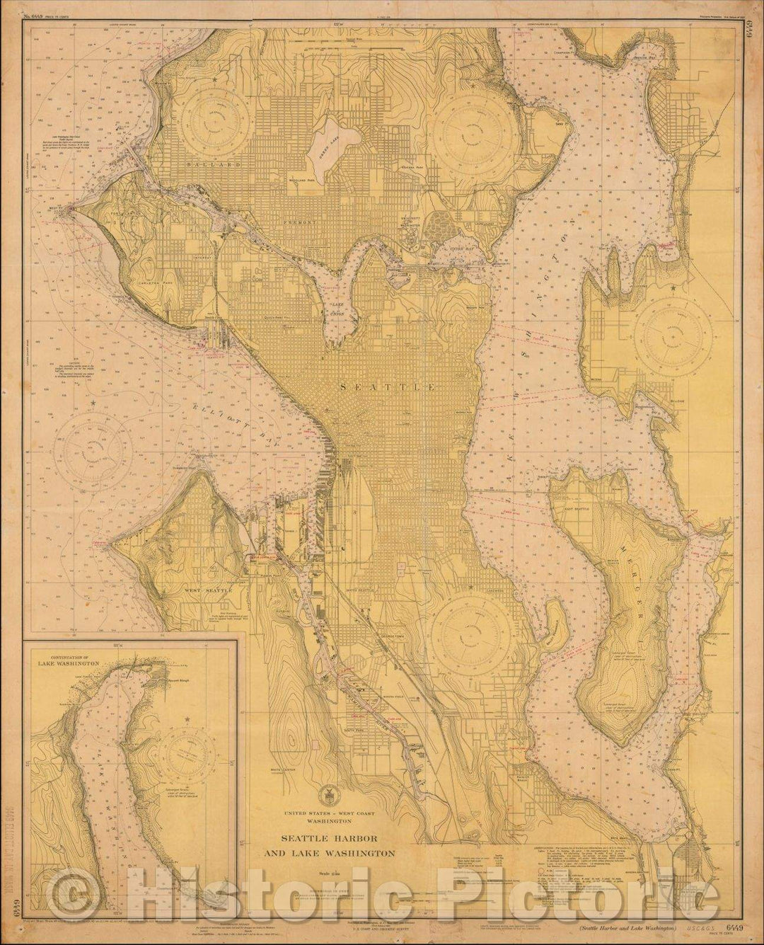 Historic Map - Seattle Harbor and Lake Washington, 1937, U.S. Coast & Geodetic Survey - Vintage Wall Art