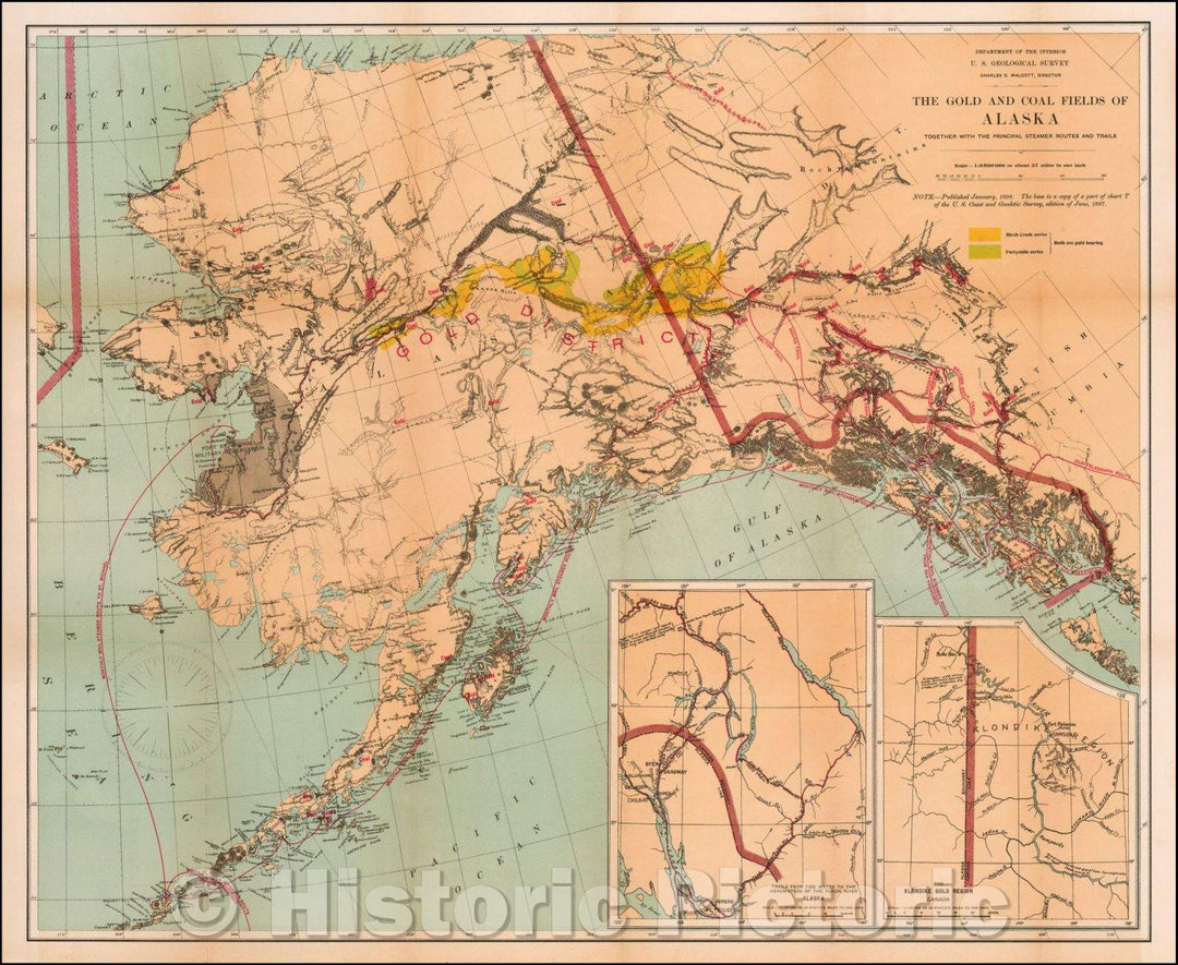 Historic Map - The Gold and Coal Fields of Alaska Together with the Principal Steamer Routes and Trails, 1898, U.S. Geological Survey - Vintage Wall Art