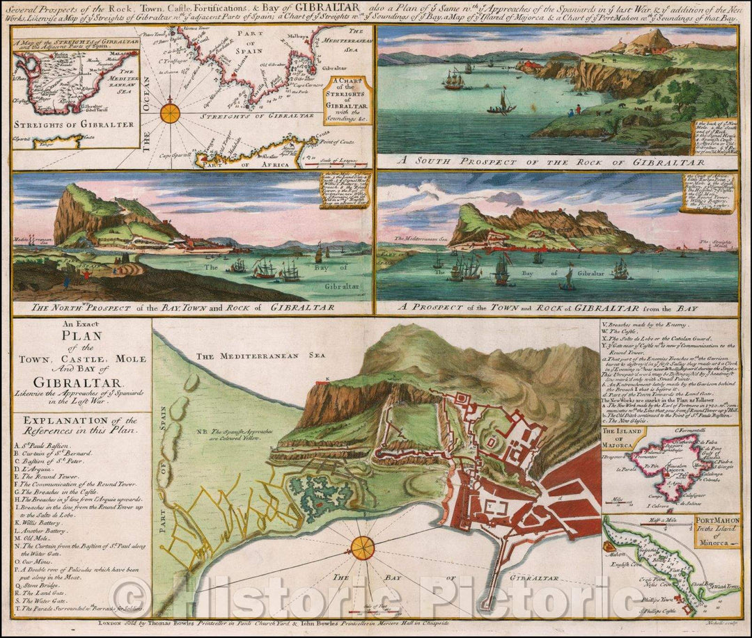 Historic Map - Several Prospects of the Rock, Town, Castle, Fortifications & Bay of Gibraltar, 1727, Thomas Bowles - Vintage Wall Art