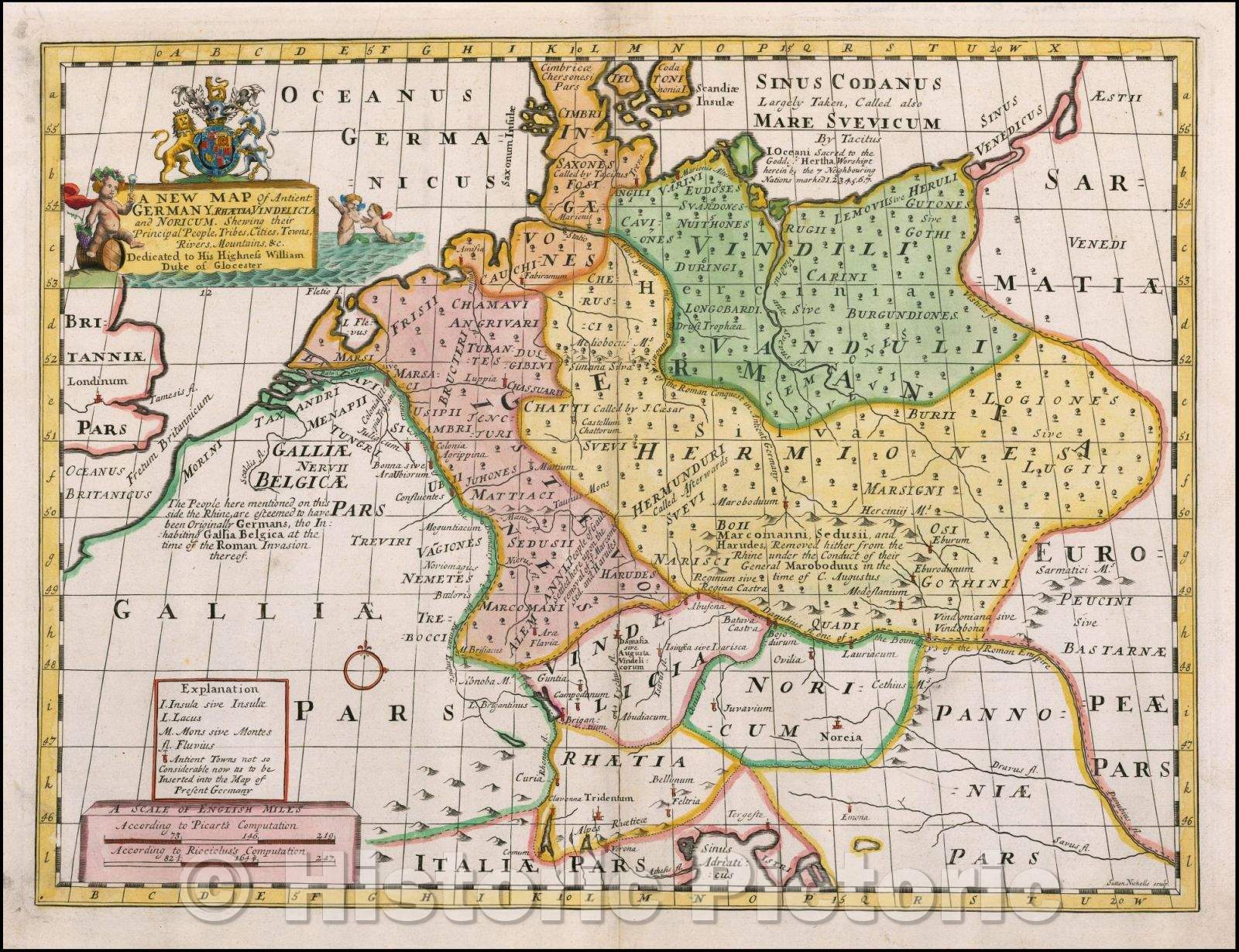 Historic Map - Antient Germany, Rhaetia, Vindelicia, and Nordicum, Shewing thier Principal People, Tribes, Cities, Towns, Rivers, Mountains, 1712, Edward Wells - Vintage Wall Art