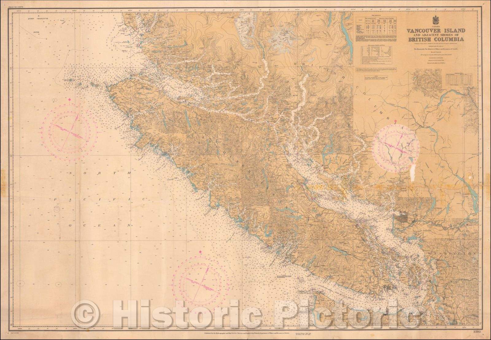 Historic Map - Vancouver Canada and Adjacent Shores of British Columbia, 1948, Department of Mines and Resources - Vintage Wall Art