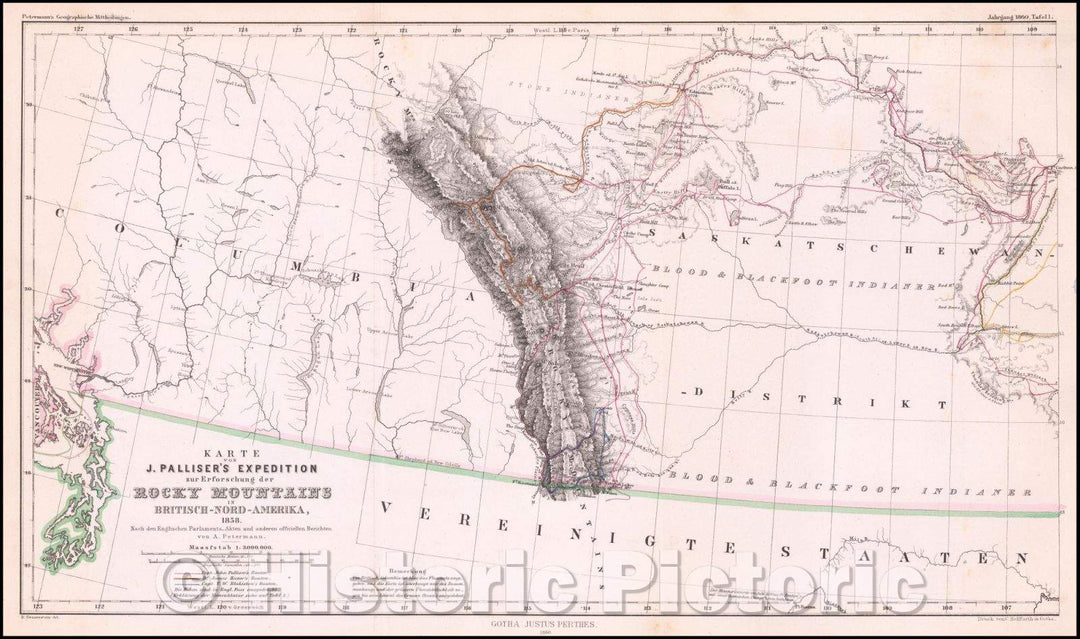 Historic Map - Karte Von J. Palliser's Expedition zur Erforschung/Map of Western Canada illustrating the western part of Captain John Palliser, 1860 - Vintage Wall Art