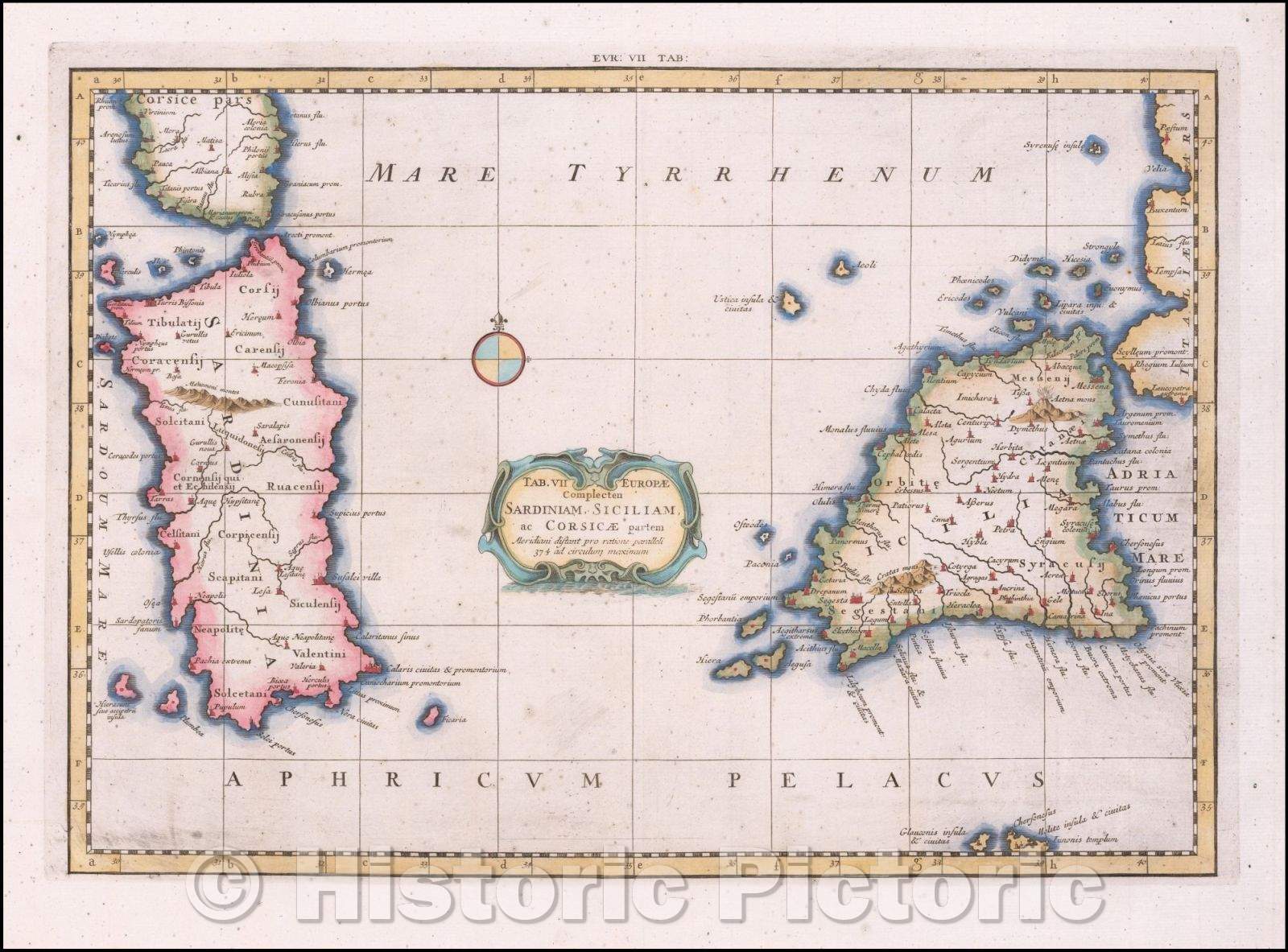 Historic Map - Tab. VII Europeae Complecten Sardiniam, Siciliam, ac Corsicae partem, 1698, Gerard Mercator - Vintage Wall Art