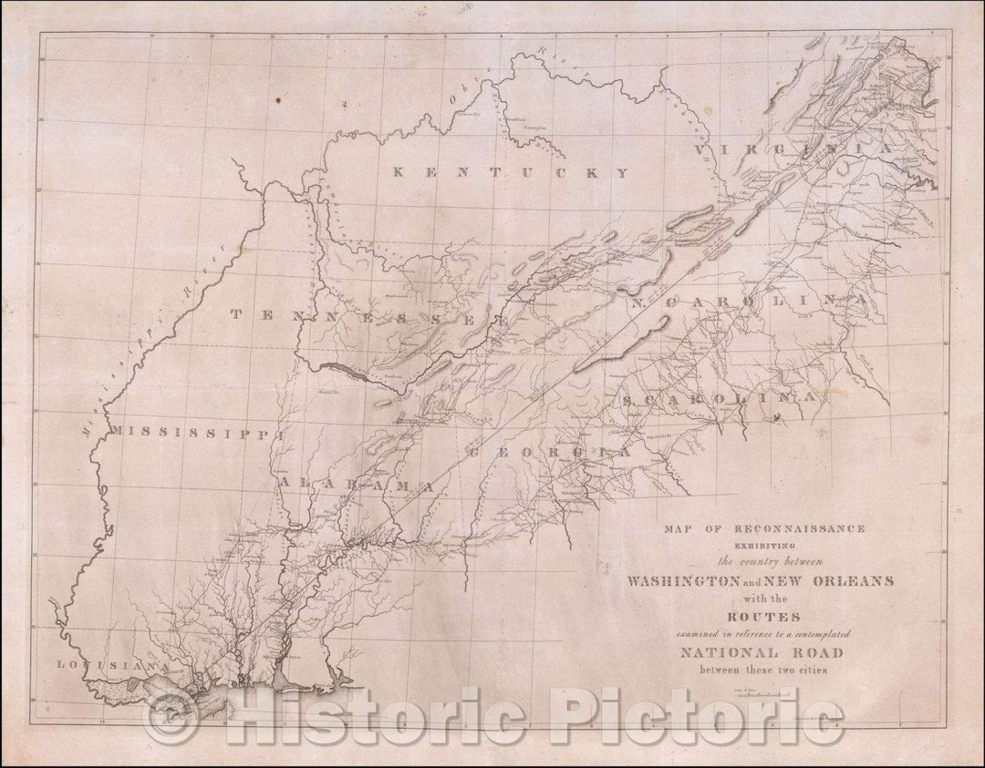 Historic Map - The country between Washington and New Orleans with the Routes examined in reference to a contemplated National Road, 1826 - Vintage Wall Art