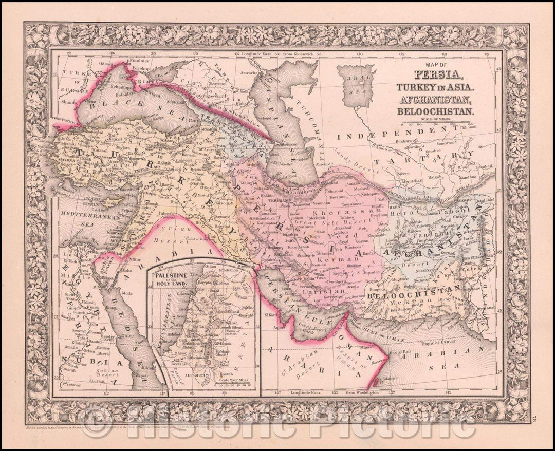 Historic Map - Map of Persia, Arabia, Turkey in Asia, Afghanistan, Beloochistan, 1865, Samuel Augustus Mitchell Jr. - Vintage Wall Art