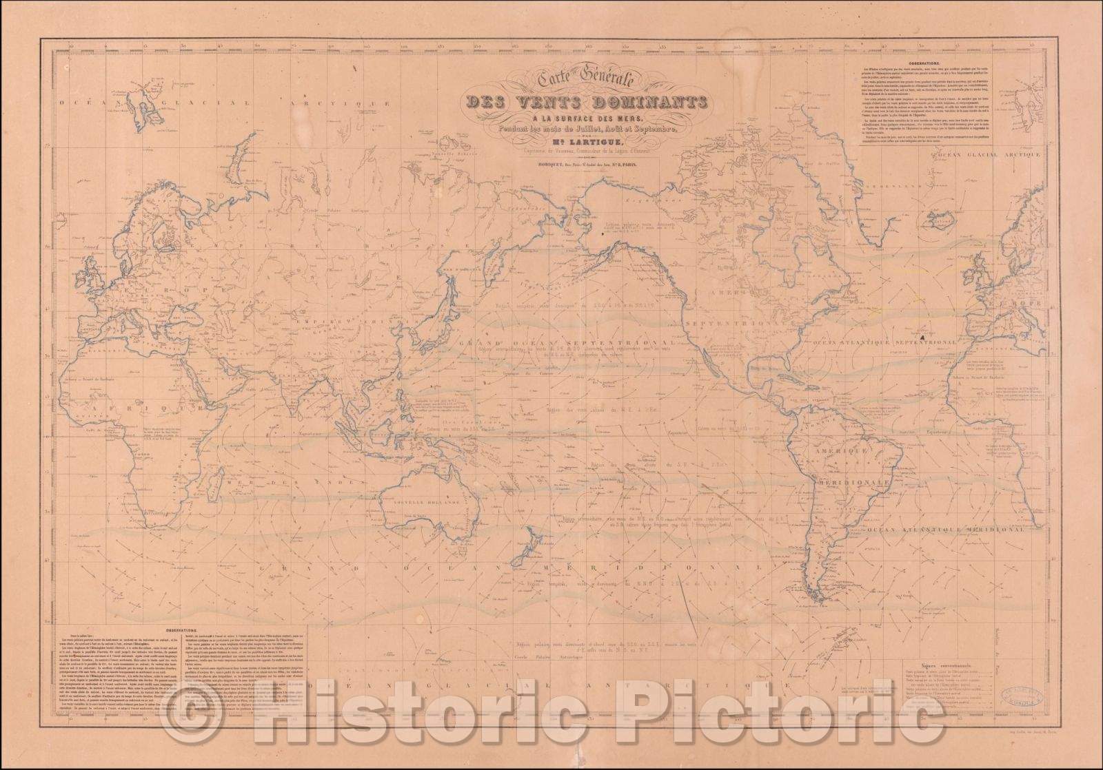 Historic Map - Carte Generale Des Vents Dominants A La Surface des Mers/Map of the World Showing Theory of the Winds, 1855, Joseph Lartigue - Vintage Wall Art