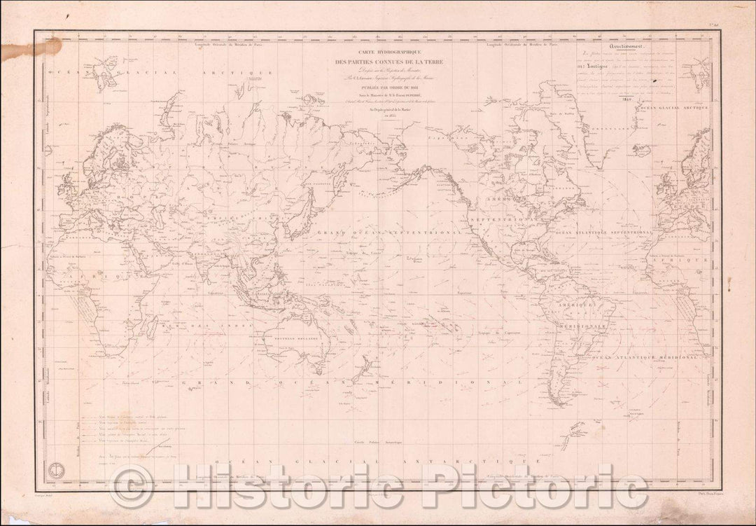 Historic Map - Carte Hydrographique Des Partes Connues/Hydrographic Map Of Partes Known Of The Earth erected on the Mercator Projection, 1840 - Vintage Wall Art