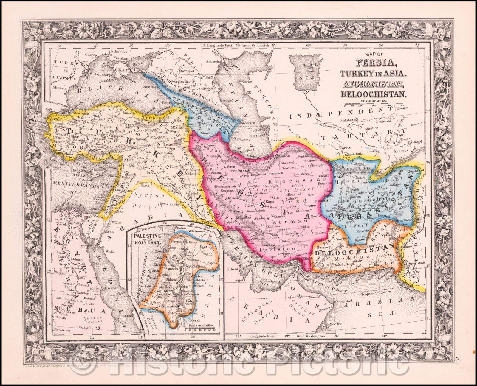 Historic Map - Map of Persia, Arabia, Turkey in Asia, Afghanistan, Beloochistan, 1888, Samuel Augustus Mitchell Jr. v2