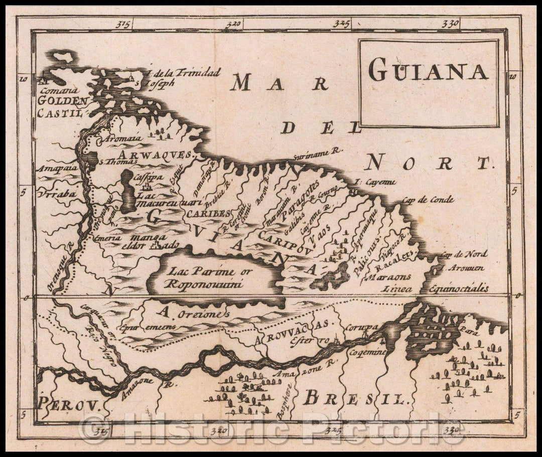 Historic Map - Guiana (El Dorado) / Map of Guiana, Lake Parime Region, with the town of Manor or El Dorado shown, published by Sir Jonas Moore in London, 1681 - Vintage Wall Art